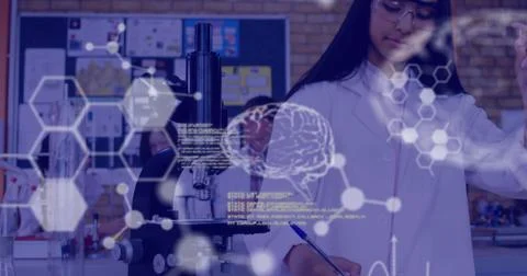 Student in science lab using microscope and writing notes, focused on research イラスト素材
