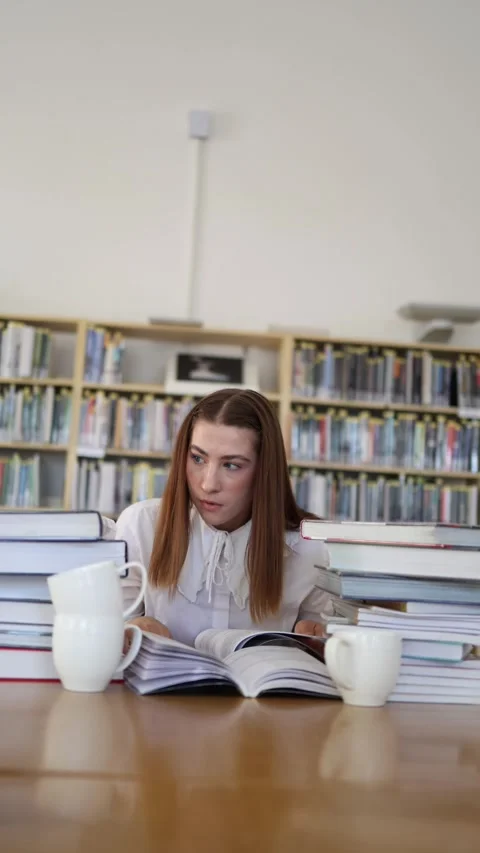Student searches through books while doing focused exam research in library Stock-Footage 342178510