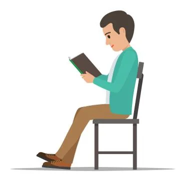 Student Seating and Reading Textbook Flat Vector Stock Illustration