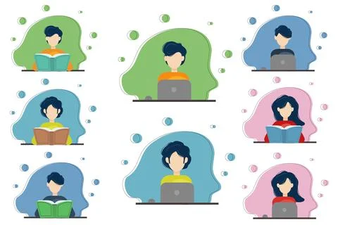 Student set, icons of people at the computer and reading books. Illustrazione stock