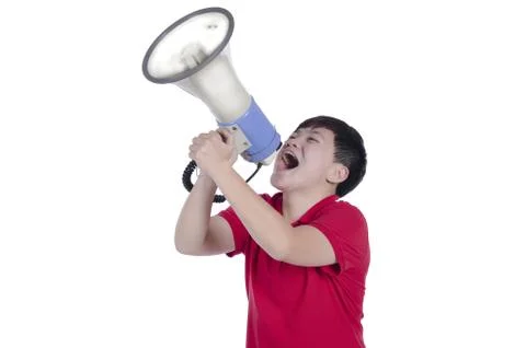 Student shouting through megaphone with white background Stock Photos