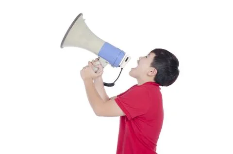 Student shouting through megaphone with white background Foto stock