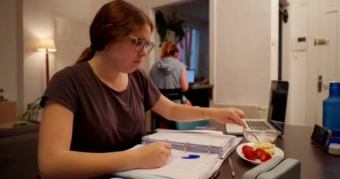 A student is shown concentrating intently on her studies. Stock Footage 334775870