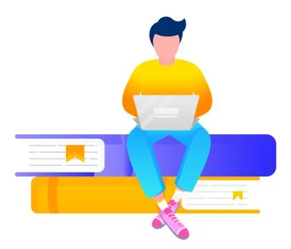 Student Sit on Stack of Books, Online Studying 스톡 일러스트