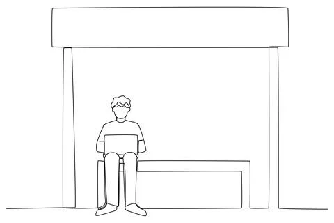 A student sits at a bus stop while opening a laptop Stock Illustration