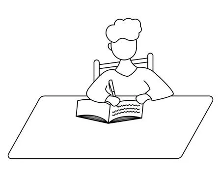 The student sits at the table and writes in a notebook with a pen. Sketch. Stock Illustration