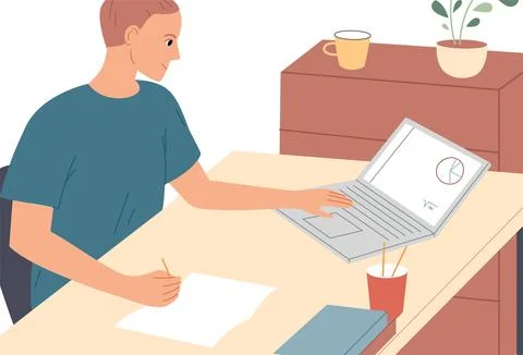 Student sits at table with laptop computer and takes notes in notebook Stock Illustration