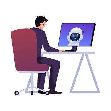 Student sitting at computer desk, communicating with Chatbot. Illustrazione stock