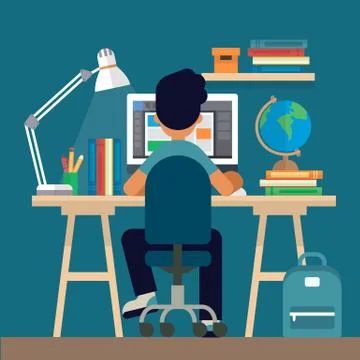 Student sitting at the desk, learning with computer. Concept illustration in Stock Illustration