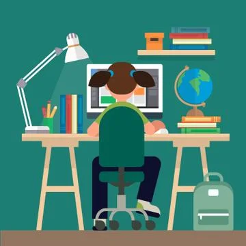Student sitting at the desk, learning with computer. Concept illustration in Stock Illustration