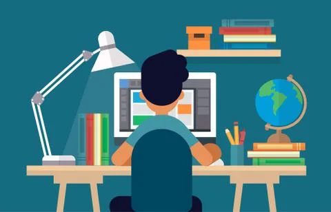Student sitting at the desk, learning with computer. Concept illustration in Illustrazione stock