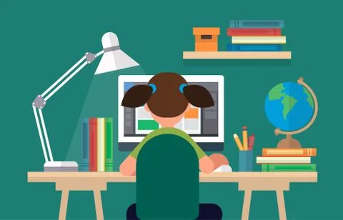 Student sitting at the desk, learning with computer. Concept illustration in Illustrazione stock