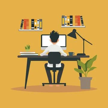 Student sitting at the desk, learning with computer. Stock Illustration