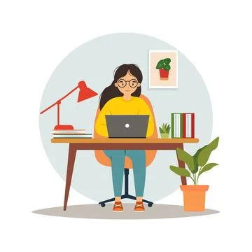 Student sitting at the desk, learning with computer. Stock Illustration