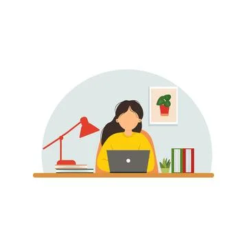 Student sitting at the desk, learning with computer. Stock Illustration