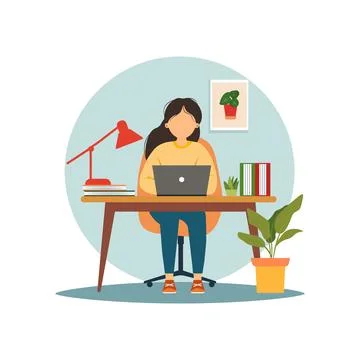 Student sitting at the desk, learning with computer. Stock Illustration