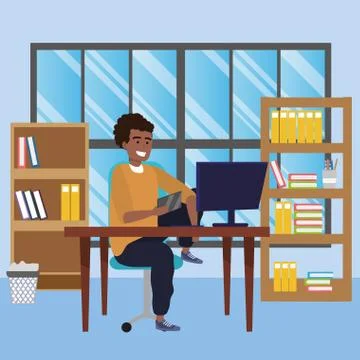 Student sitting in library desk background Illustrazione stock