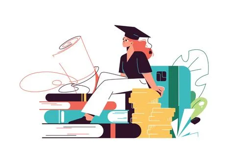 Student sitting on stack of coins and books Stock Illustration