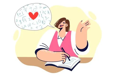 Student solves mathematical problem sitting at school desk and waves hand in Stock Illustration