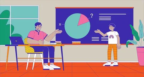 Student solving math problem with teacher at blackboard cartoon illustration 스톡 일러스트