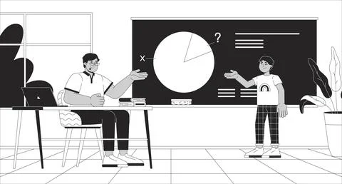 Student solving math problem with teacher at blackboard bw line illustration 스톡 일러스트
