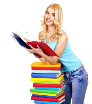 Student with stack book. Stockfoto's