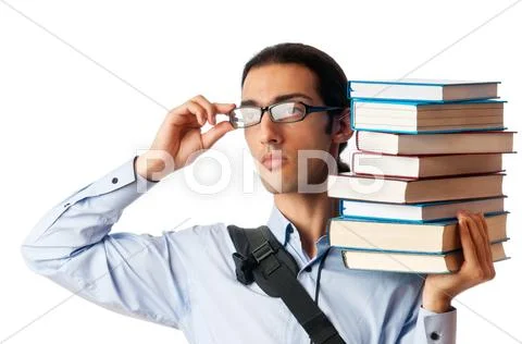 Student with stack of books on white Stock Photos