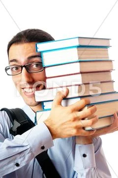 Student with stack of books on white Stock Photos