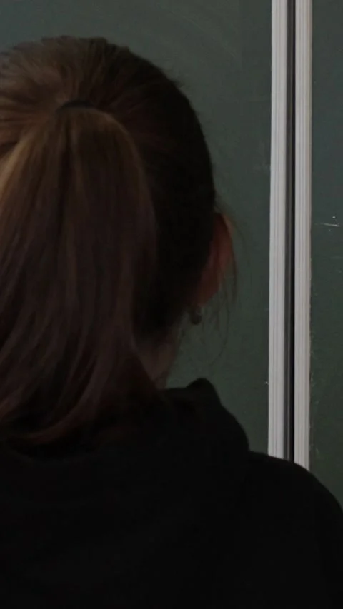 A student stands before a large blank green chalkboard in a classroom, repr.. Stock Footage 339862458