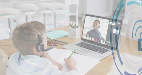 Student starting tutoring and writing notes as animated security overlays Stock Footage 314848539