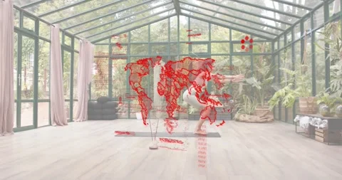 Student stepping on mat activating hacked map overlay in yoga studio, instructor Stock Footage 317406412