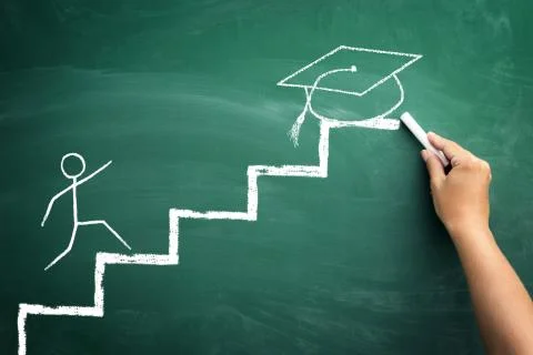 Student on steps, illustrated presentation to arrive at the graduation Stock Photos