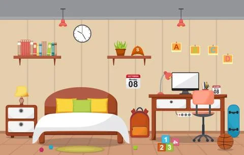 Student Study Desk Table Bedroom Interior Room Furniture Flat Design Stock Illustration