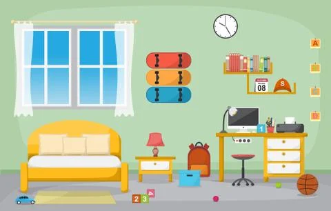 Student Study Desk Table Bedroom Interior Room Furniture Flat Design イラスト素材