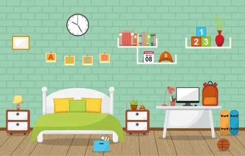 Student Study Desk Table Bedroom Interior Room Furniture Flat Design Illustrazione stock