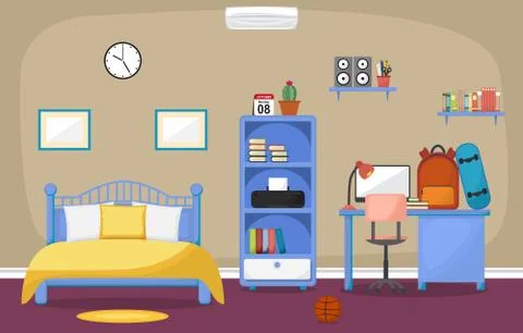 Student Study Desk Table Bedroom Interior Room Furniture Flat Design Stock Illustration