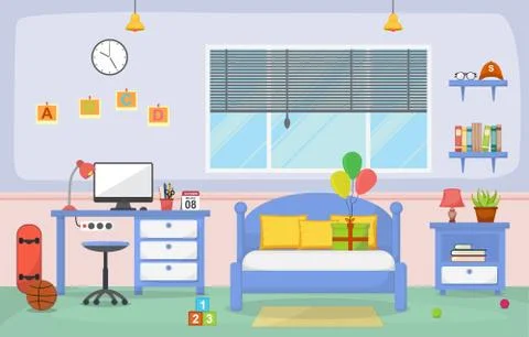 Student Study Desk Table Bedroom Interior Room Furniture Flat Design Stock Illustration