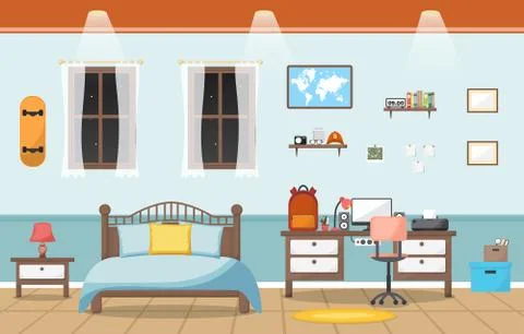 Student Study Desk Table Bedroom Interior Room Furniture Flat Design Stock Illustration