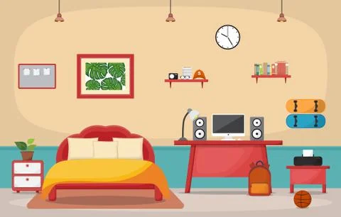 Student Study Desk Table Bedroom Interior Room Furniture Flat Design Illustrazione stock