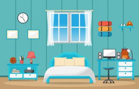 Student Study Desk Table Bedroom Interior Room Furniture Flat Design Stock Illustration