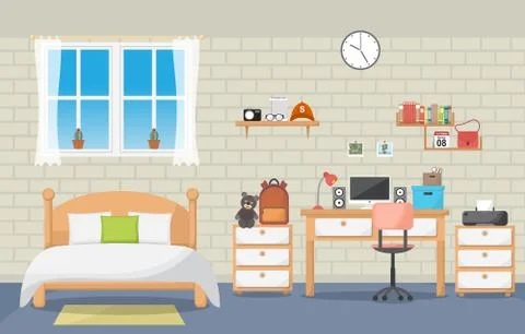 Student Study Desk Table Bedroom Interior Room Furniture Flat Design Stock Illustration