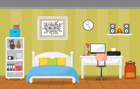 Student Study Desk Table Bedroom Interior Room Furniture Flat Design Illustrazione stock