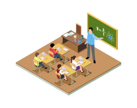 Student study. Isometric classroom, school lesson education. Cartoon teacher Stock Illustration