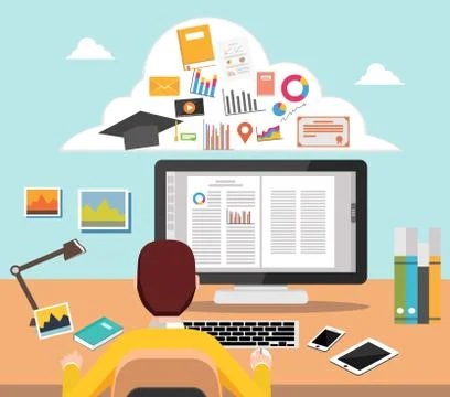 Student studying on computer  College supplies.  E-learning concept illustrat Stock Illustration