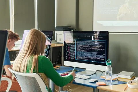 Student Studying on Computer IT Class in School in Classroom 스톡 사진