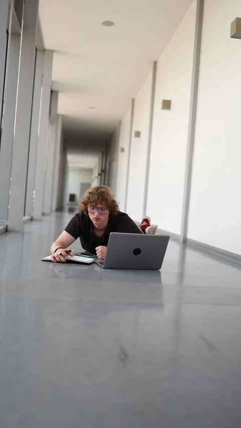 Student studying on floor with laptop Stock Footage 337851005