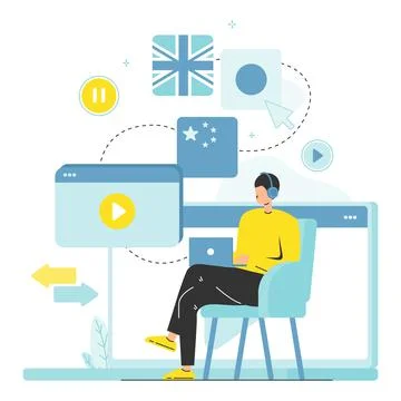 Student studying foreign languages using online multi language translator, flat Stock Illustration