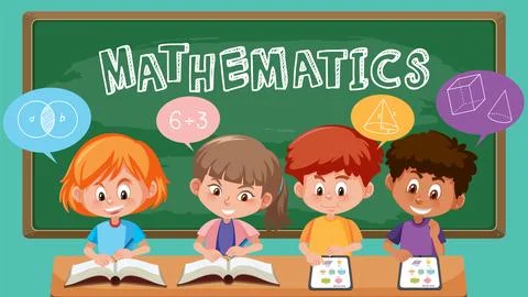 Student studying math in classroom with blackboard Stock Illustration