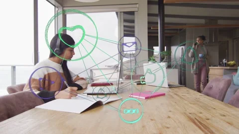 Student studying notes at desk, mom taking phone call, animated social media Stock Footage 336714347