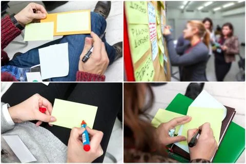 Student taking notes in classroom. business education concept, casual young b Stock Photos